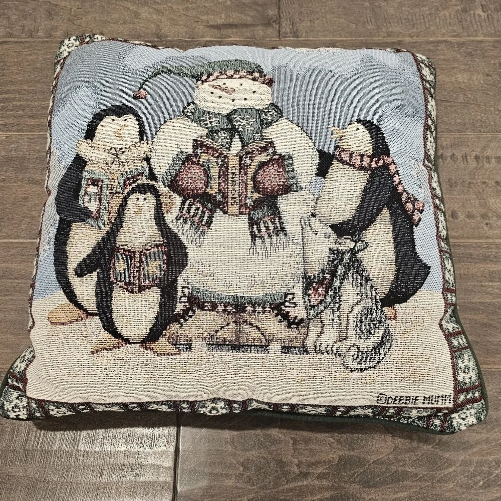 Vintage Debbie Mumm Tapestry Pillow with a Snowman, Pup, & Penguin Carolers